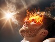© nuiiko - Health warning symptom concept. A man with fiery effects on his forehead, illuminated by a bright sun, conveys intense emotion.