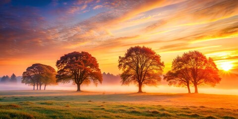 Canvas Print - Serene Sunrise Landscape with Majestic Trees in Misty Meadow