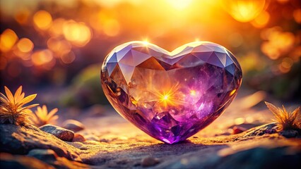 Sticker - A crystalline heart-shaped gemstone glows with sunset light, resting on a bed of rocks and small plants