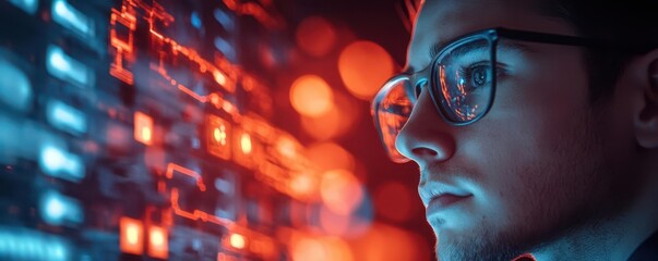 Wall Mural - cybersecurity analyst evaluating system vulnerabilities, glowing firewalls and security breaches dep