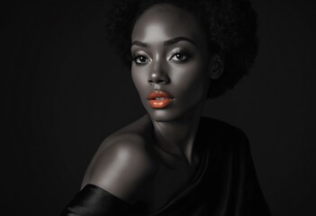 Wall Mural - Striking black-and-white portrait of a woman with vibrant orange lips