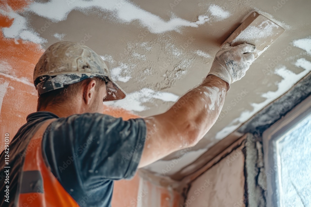 The worker installs a plasterboard ceiling trimming the edges with a ...