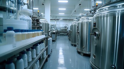Fototapete - The interior of the high-tech production plant for cosmetics features stainless steel tanks and machinery in an industrial setting with white walls and grey floors.