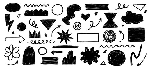 Poster - Pencil crayon brush line stroke. Brush crayon pencil chalk texture effect doodle shape. Vector hand drawn marker stroke background set of abstract design graphic figure. Vector illustration