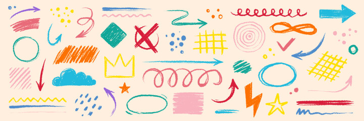 Poster - Arrow brush line color paint element shape set. Crayon abstract doodle color circle, arrow sketch hand drawn. Texture crayon brush sketch style shape background. Vector illustration