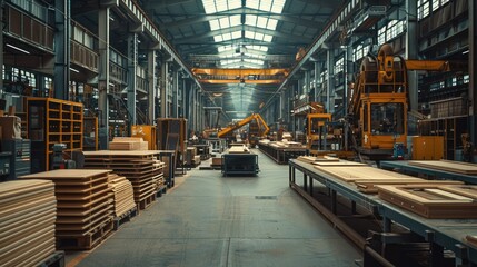 Poster - A bustling woodworking manufacturing floor with sounds of machines and background activity.