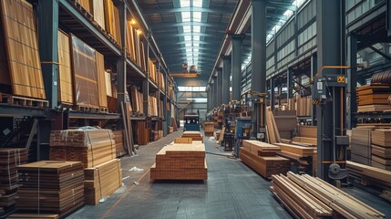 Poster - A bustling woodworking manufacturing floor with sounds of machines and background activity.