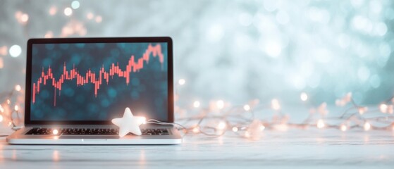 Aufkleber - Modern Holiday Financial Planning Minimalist Desktop with Stock Ticker and Festive Decor