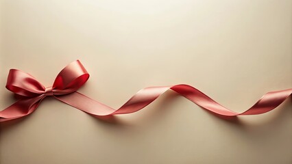 Wall Mural - Elegant salmon pink satin ribbon bow and streamer on a beige background