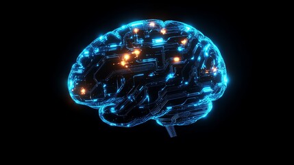 Wall Mural - a glowing blue digital representation of a human brain on a black background.