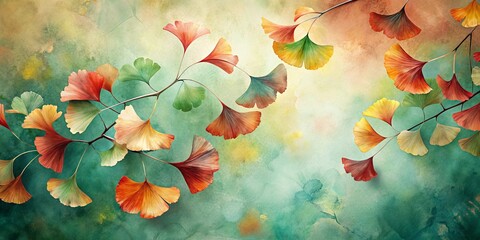 Wall Mural - Autumnal Ginkgo Biloba Leaves on Watercolor Background Featuring Vivid Hues of Orange, Red, Yellow, and Green