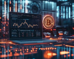 Poster - Futuristic Crypto Trading Glowing Bitcoin Above Laptop with Real-Time Graphs