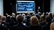 © Anton Gvozdikov - Professional training session features business presentation with attentive audience. Engaged professionals in formal attire listening to insights on screen.