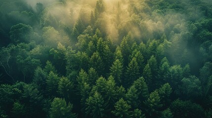 Wall Mural - Aerial view of a foggy forest at sunrise, with sun rays breaking through the mist and illuminating the trees in shades of green.