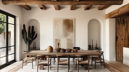 Poster - A dining room with white walls, wooden ceiling beams and an oversized art on the wall above a large wood table, chairs around it.
