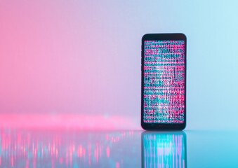 Aufkleber - Futuristic Smartphone Display with Neon Lights Showcasing Cryptocurrency Trading