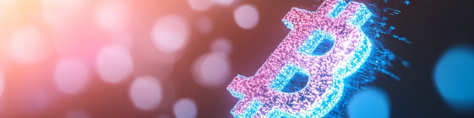 Aufkleber - Neon Bitcoin Symbol with Bokeh Lights on Dark Background