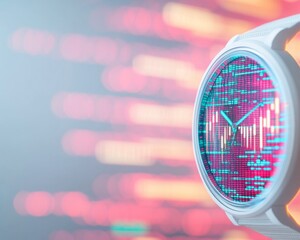Aufkleber - Futuristic Watch Displaying Cryptocurrency Trends in Neon Digital Style