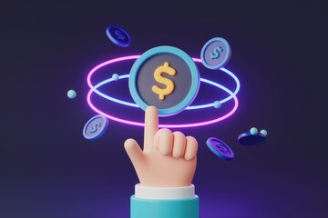 Aufkleber - Hand pointing at a dollar sign surrounded by glowing rings and coins, symbolizing financial success and online earning.