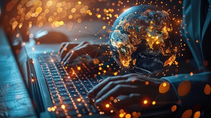 Leinwandbilder - Businessman use computer with global network connection big data analytics and business intelligence concept globe with point and line concept of global business e commerce digital link tech.