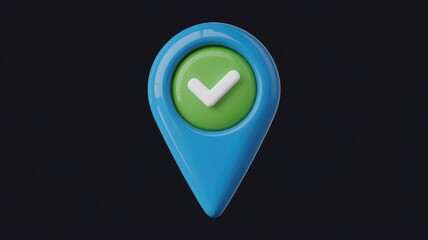 Poster - A 3D rendered blue location pin with a green checkmark, signifying successful location confirmation.