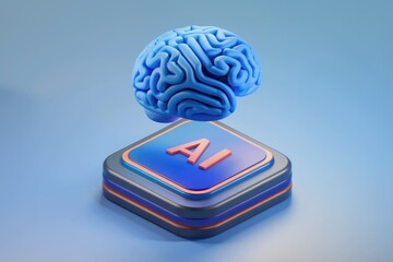 Poster - A 3D rendering of a brain hovering above an AI button, symbolizing artificial intelligence and cognitive computing.