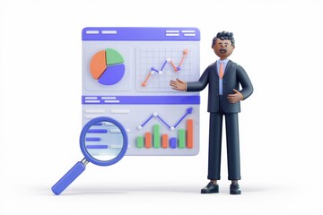 Leinwandbilder - A 3D cartoon businessman presents a dashboard showing various charts and graphs, highlighting data analysis and business growth.