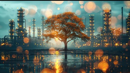 Aufkleber - Double exposure in the oil and gas industry, with a big tree inside it industrial plant background with oil. The concept is about using ecology in oil and gas industry.