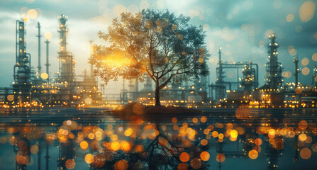 Fototapete - Double exposure in the oil and gas industry, with a big tree inside it industrial plant background with oil. The concept is about using ecology in oil and gas industry.