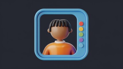 Poster - 3D render of a cartoon person's face in a blue frame with colorful buttons.