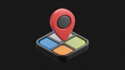 Fototapete - 3D render of a location pin on a colorful square grid, representing location-based services or navigation.