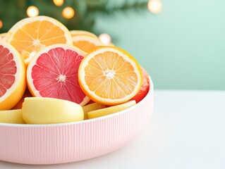 Vibrant Citrus Still Life Fresh Fruit Bowl with Festive Holiday Vibes