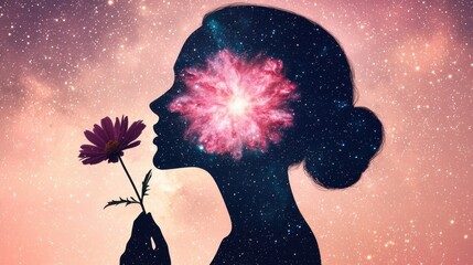 Aufkleber - The double exposure of Cosmic flower woman portrait dreamy space background artistic digital creation