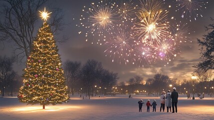 A festive outdoor New Year s Eve celebration where a family gathers in a snowy park under a sky filled with fireworks The Christmas tree