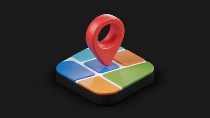 Poster - A 3D rendering of a red location pin on a colorful square map, symbolizing geolocation or navigation.