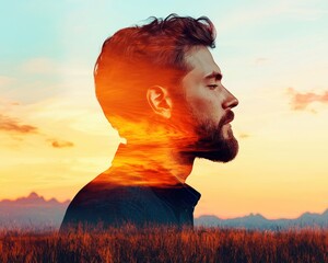 Aufkleber - Double Exposure Image of  Vibrant sunset landscape emotional silhouette of a man in nature's tranquility silhouette concept