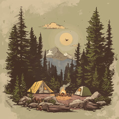 design a detailed camping scene with tents, campfires, and outdoor activities, ideal for adventure a