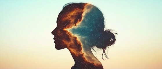 Aufkleber - The silhouette of Dreamy surreal art cosmic elements in a woman's profile visualization