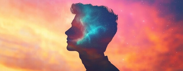 Aufkleber - The silhouette of Silhouette of a person against a cosmic sunset portrait dreamy environment inspiration