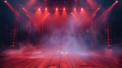 Aufkleber - A large concert stage with spotlights and fog, illuminated by red lights. In the center of the frame is an empty wooden floor. On both sides, there were metal frames for hanging LED screens.