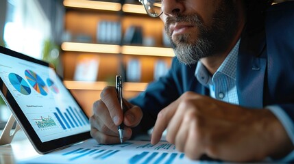 Poster - A professional financial advisor presenting a diverse portfolio chart on a digital screen, modern office environment with shelves holding books on investments and financial stability.