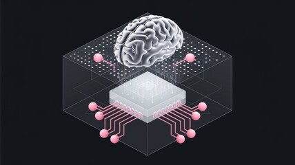 Leinwandbilder - A 3D illustration showing a human brain connected to a microchip, representing artificial intelligence and neural networks.