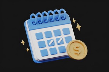 Aufkleber - 3D rendering of a calendar with dollar coin, symbolizing scheduled payments or financial planning.