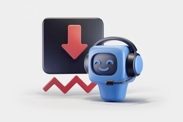 Leinwandbilder - A cheerful robot with a headset, beside a downward-trending graph, signifying a positive approach to challenges.