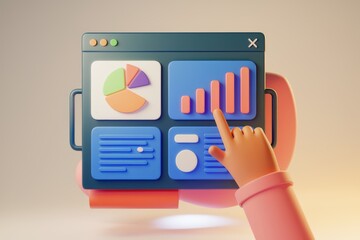 Leinwandbilder - A 3D hand interacts with a dashboard displaying pie charts and bar graphs, illustrating data analysis.