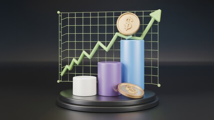 Poster - Upward trending graph showcasing financial growth with rising cylindrical bars and golden dollar coins.
