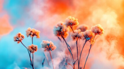 Poster - Vibrant flower blossoms against colorful smoky background nature scene artistic view