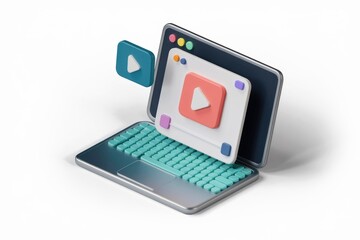 Fototapete - Laptop screen displaying a video player interface with play button icons.