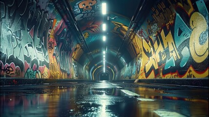 Poster - A dynamic urban tunnel at night, its walls vibrantly decorated with graffiti art. The tunnel is illuminated by futuristic streetlights that cast defined, long shadows on the road.