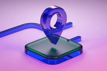 Leinwandbilder - A 3D rendering of a glass location pin on a green platform with blue accents.